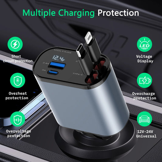Ultimate 100W Fast Car Charger - Dual Port, Dual Cable, Voltage Display